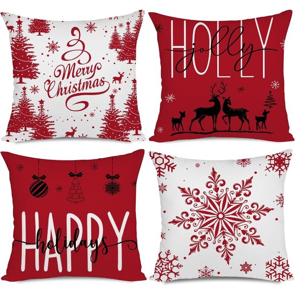 🆕 Christmas Pillow Covers Farmhouse Decorations Happy Holidays Holly Jolly Sofa - Picture 1 of 6